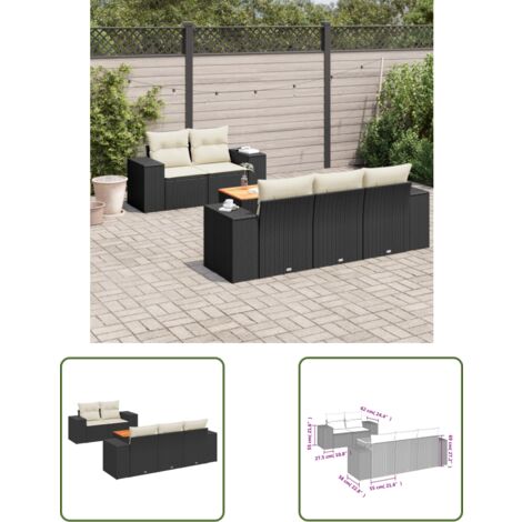The Living Store Salon de jardin 6 pcs avec coussins noir résine tressée - Ensemble Salon Jardin - Meuble Extérieur - Résine Tressée - Rotin Synthétique - Fauteuil Jardin