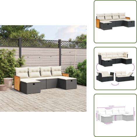 The Living Store Salon de jardin 6 pcs avec coussins noir résine tressée - Salon De Jardin - Mobilier Extérieur - Salon D'extérieur - Set De Salon - Chaise Longue