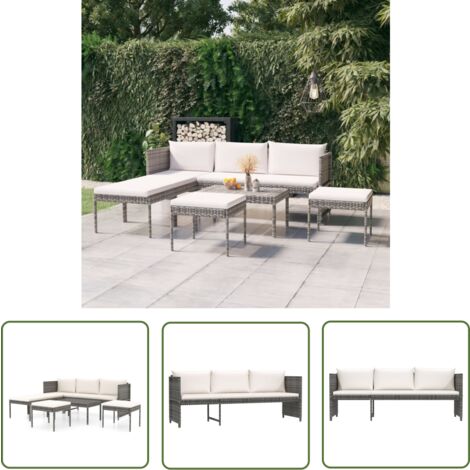 The Living Store Salon de jardin 6 pcs avec coussins résine tressée gris - Salon De Jardin - Meuble De Jardin - Mobilier Extérieur - Set De Salon De Jardin - Table Basse