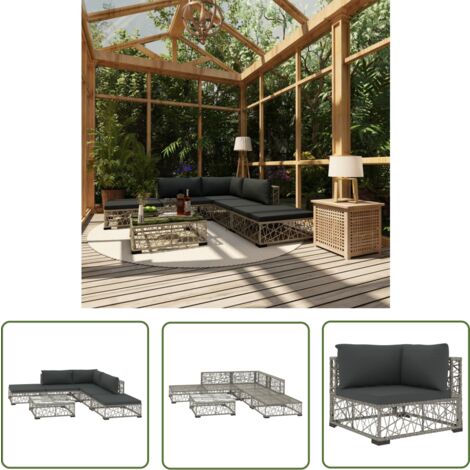 The Living Store Salon de jardin 6 pcs avec coussins résine tressée gris - Salon De Jardin - Meubles De Jardin - Salon Extérieur - Set De Salon - Canapé Rotin