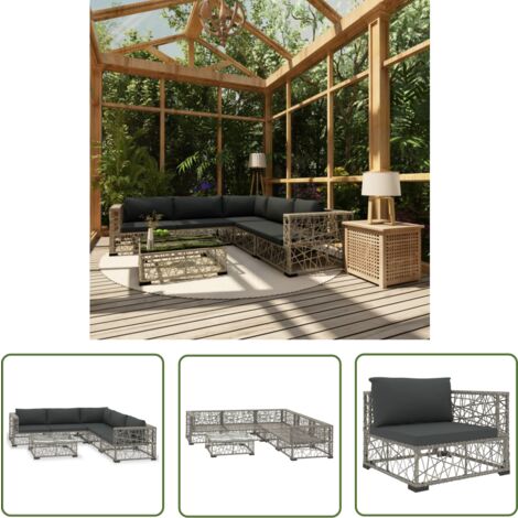 The Living Store Salon de jardin 6 pcs avec coussins résine tressée gris - Salon De Jardin - Meubles De Jardin - Salon Extérieur - Set De Salon - Canapé Rotin