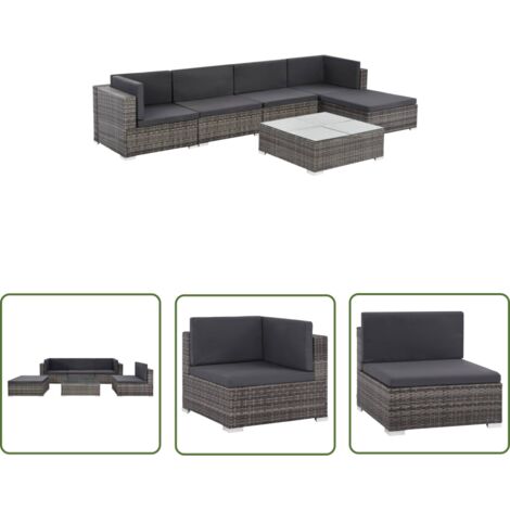 The Living Store Salon de jardin 6 pcs avec coussins résine tressée gris - Salon De Jardin - Mobilier De Jardin - Ensemble De Canapés - Meubles De Jardin - Canapé D'angle