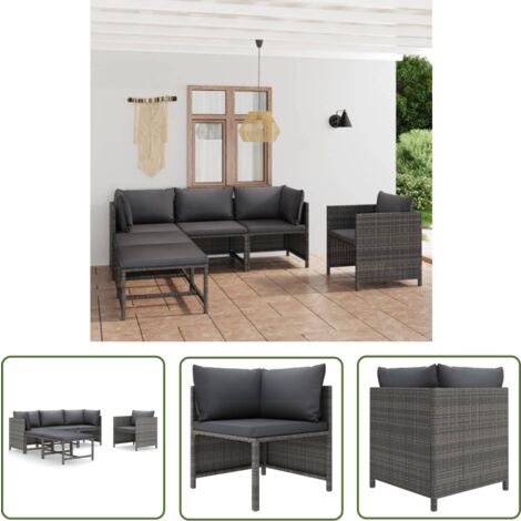 The Living Store Salon de jardin 6 pcs avec coussins Résine tressée Gris - Salon De Jardin - Mobilier De Jardin - Ensemble De Salon - Meubles De Jardin - Resin Tressée