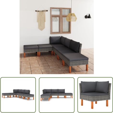 The Living Store Salon de jardin 6 pcs avec coussins Résine tressée Gris - Salon De Jardin - Mobilier De Jardin - Set De Salon De Jardin - Canapé De Jardin - Résine Tressée