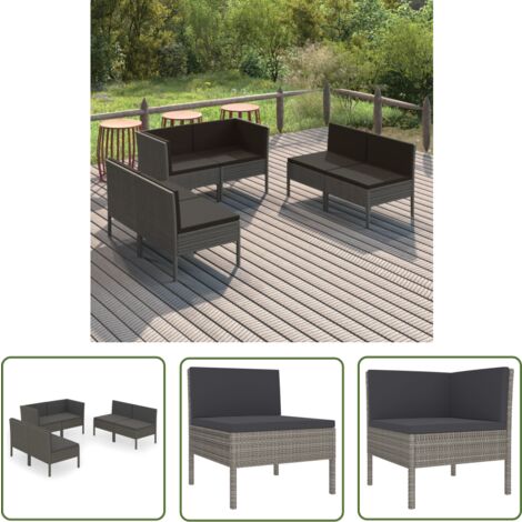 The Living Store Salon de jardin 6 pcs avec coussins résine tressée gris - Salon De Jardin - Mobilier De Jardin - Set De Salon De Jardin - Meubles D'extérieurs - Terrasse