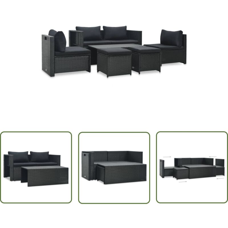 Salon de jardin 6 pcs avec coussins résine tressée noir - Salon De Jardin - Meubles De Jardin - Set De Salon - Ensemble De Canapé - Canapé Extérieur