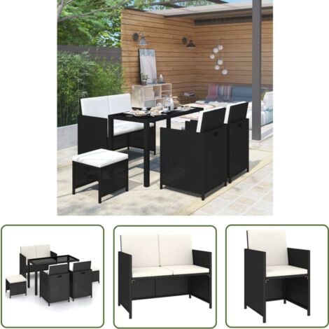 The Living Store Salon de jardin 6 pcs avec coussins Résine tressée Noir - Mobilier De Jardin - Salon De Jardin - Ensemble Repas Extérieur - Résine Tressée - Meubles De Jardin