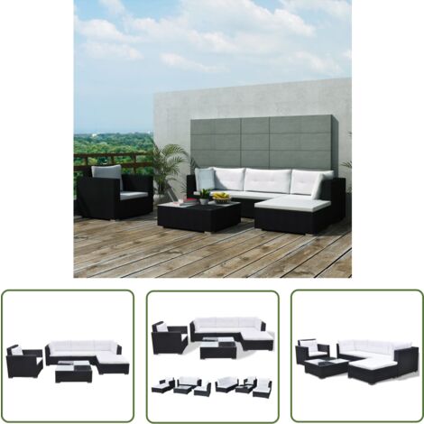 The Living Store Salon de jardin 6 pcs avec coussins résine tressée noir - Salon De Jardin - Meubles De Jardin - Salon Extérieur - Set De Salon - Canapé Rotin