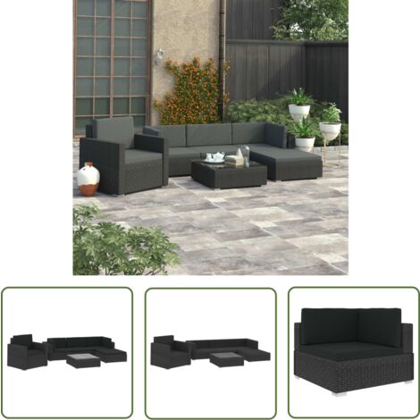 The Living Store Salon de jardin 6 pcs avec coussins résine tressée noir - Salon De Jardin - Mobilier De Jardin - Salon Extérieur - Set De Jardin - Canapé Rotin