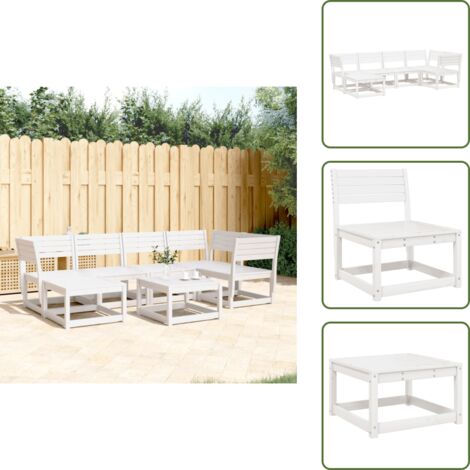 The Living Store Salon de jardin 6 pcs blanc bois de pin massif - Ensemble Salon De Jardin - Salon Extérieur - Meuble De Jardin - Canapé En Bois - Canapé D'angle