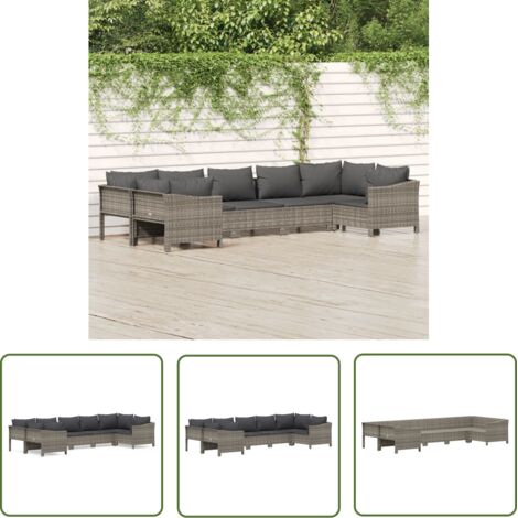 The Living Store Salon de jardin 7 pcs avec coussins Gris Résine tressée - Salon De Jardin - Mobilier De Jardin - Ensemble Salon - Meubles De Jardin - Résine Tressée