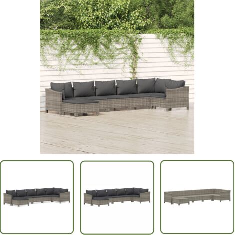 The Living Store Salon de jardin 7 pcs avec coussins Gris Résine tressée - Salon De Jardin - Mobilier De Jardin - Set De Salon Extérieur - Meubles De Jardin - Chaise Lounge