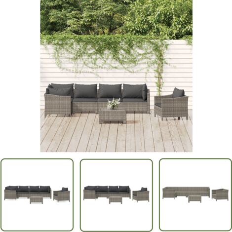 The Living Store Salon de jardin 7 pcs avec coussins Gris Résine tressée - Salon De Jardin - Mobilier De Jardin - Set De Salon Extérieur - Meubles De Jardin - Chaise Lounge
