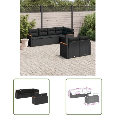 The Living Store Salon de jardin 7 pcs avec coussins noir résine tressée - Canapé De Jardin - Salon De Jardin - Meuble Extérieur - Résine Tressée - Rotin Synthétique