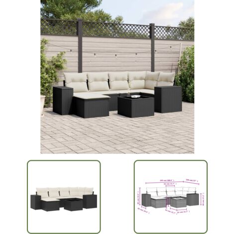 The Living Store Salon de jardin 7 pcs avec coussins noir résine tressée - Ensemble Salon De Jardin - Meuble De Jardin - Jardin Design - Mobilier Exterieur - Chaise Longue