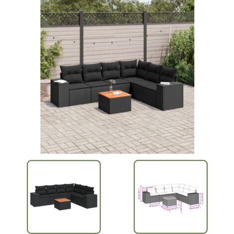 The Living Store Salon de jardin 7 pcs avec coussins noir résine tressée - Ensemble Salon De Jardin - Meuble Extérieur - Jardin Design - Mobilier De Jardin - Chaise Lounge