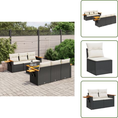 The Living Store Salon de jardin 7 pcs avec coussins noir résine tressée - Ensemble Salon De Jardin - Meuble Extérieur - Jardin Design - Mobilier De Jardin - Chaise Lounge