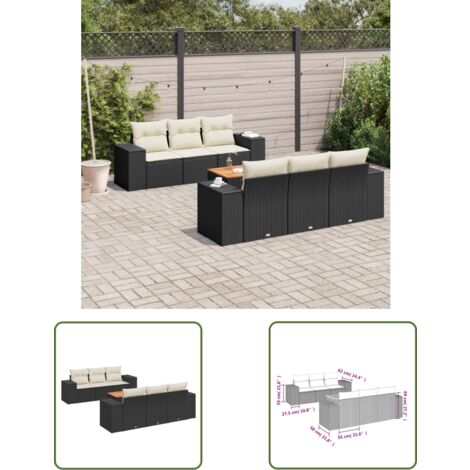 The Living Store Salon de jardin 7 pcs avec coussins noir résine tressée - Ensemble Salon De Jardin - Meuble Extérieur - Résine Tressée - Rotin Synthétique - Fauteuil Jardin