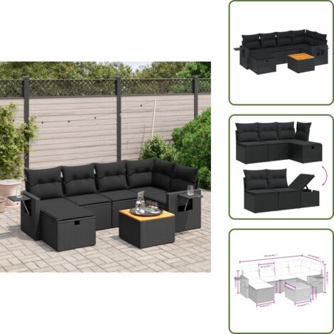 The Living Store Salon de jardin 7 pcs avec coussins noir résine tressée - Ensemble Salon De Jardin - Mobilier De Jardin - Canapé Extérieur - Chaise Lounge - Table Basse Extérieure