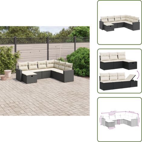 The Living Store Salon de jardin 7 pcs avec coussins noir résine tressée - Ensemble Salon De Jardin - Mobilier Extérieur - Canapé Jardin - Chaise Lounge - Set Jardin