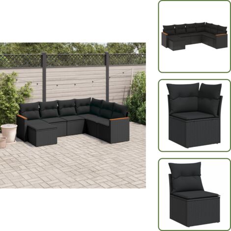 The Living Store Salon de jardin 7 pcs avec coussins noir résine tressée - Ensemble Salon De Jardin - Mobilier Extérieur - Canapé Jardin - Chaise Lounge - Set Salon