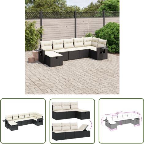 The Living Store Salon de jardin 7 pcs avec coussins noir résine tressée - Ensemble Salon De Jardin - Mobilier Extérieur - Canapé Jardin - Chaise Lounge - Set Salon De Jardin