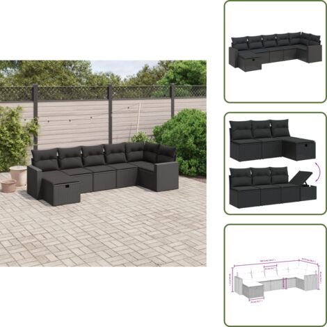 The Living Store Salon de jardin 7 pcs avec coussins noir résine tressée - Ensemble Salon De Jardin - Mobilier Extérieur - Canapé Jardin - Chaise Lounge - Table Basse