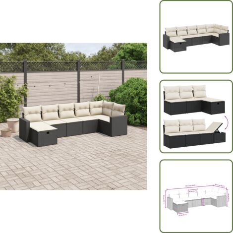 The Living Store Salon de jardin 7 pcs avec coussins noir résine tressée - Ensemble Salon De Jardin - Mobilier Extérieur - Canapé Jardin - Chaise Lounge - Table Basse