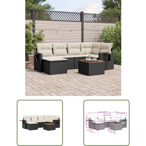 The Living Store Salon de jardin 7 pcs avec coussins noir résine tressée - Ensemble Salon De Jardin - Salon Extérieur - Mobilier De Jardin - Set De Jardin - Chaise Lounge
