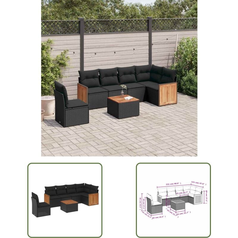 Salon de jardin 7 pcs avec coussins noir résine tressée - Ensemble Salon Jardin - Meuble Extérieur - Résine Tressée - Rotin Synthétique - Mobilier De