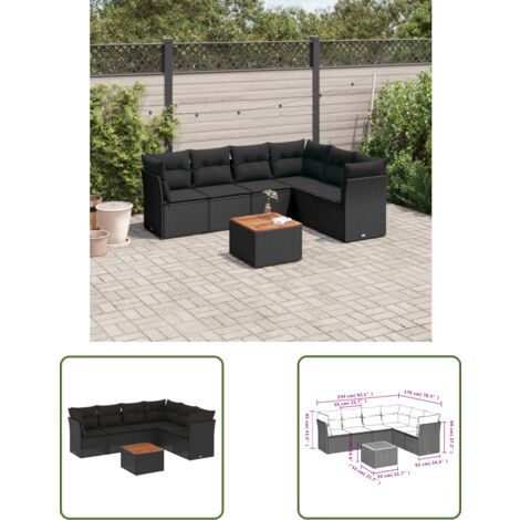 The Living Store Salon de jardin 7 pcs avec coussins noir résine tressée - Salon De Jardin - Meuble De Jardin - Mobilier Extérieur - Salon D'extérieur - Set De Salon