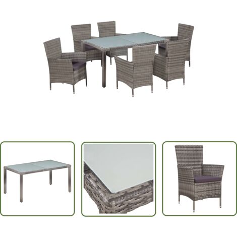The Living Store Salon de jardin 7 pcs avec coussins Résine tressée Gris - Salon De Jardin - Meubles De Jardin - Set De Salon De Jardin - Table De Jardin - Chaises De Jardin