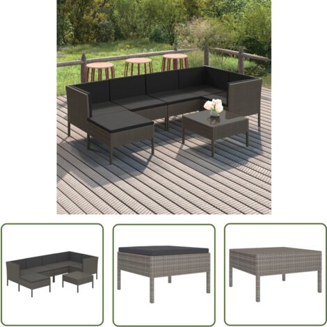 The Living Store Salon de jardin 7 pcs avec coussins résine tressée gris - Salon De Jardin - Mobilier De Jardin - Set De Jardin - Meubles D'extérieurs - Résine Tressée