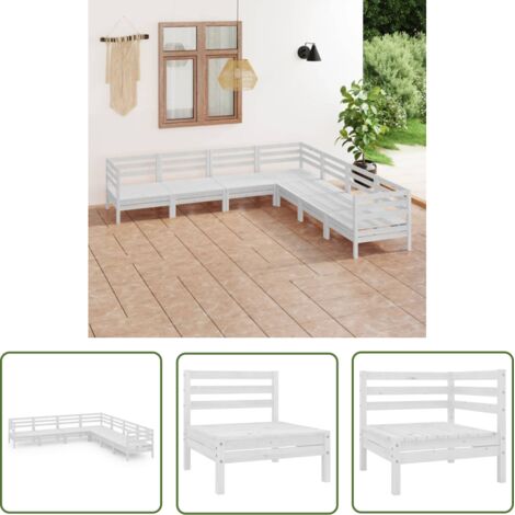 The Living Store Salon de jardin 7 pcs Bois de pin massif Blanc - Salon De Jardin - Ensemble De Salon De Jardin - Fauteuil De Jardin - Table Basse - Bois De Pin