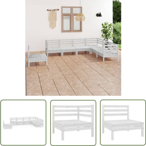 The Living Store Salon de jardin 7 pcs Bois de pin massif Blanc - Salon De Jardin - Ensemble De Salon De Jardin - Fauteuil De Jardin - Table Basse - Bois De Pin