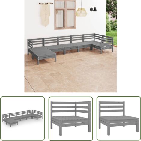The Living Store Salon de jardin 7 pcs Bois de pin massif Gris - Salon De Jardin - Ensemble De Salon De Jardin - Fauteuil De Jardin - Table Basse - Bois De Pin