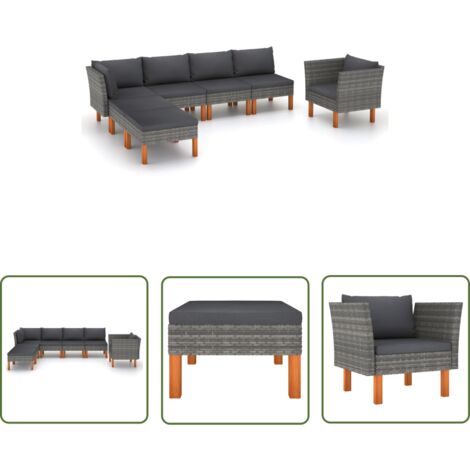 The Living Store Salon de jardin 7 pcs Résine tressée et bois d'eucalyptus Gris - Salon De Jardin - Mobilier De Jardin - Set De Salon De Jardin - Meubles De Jardin - Chaise Longue