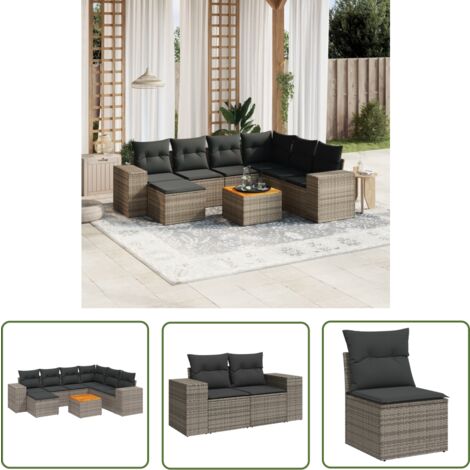 The Living Store Salon de jardin 8 pcs avec coussins gris résine tressée - Ensemble Salon De Jardin - Meuble Extérieur - Jardin Design - Mobilier De Jardin - Chaise Lounge