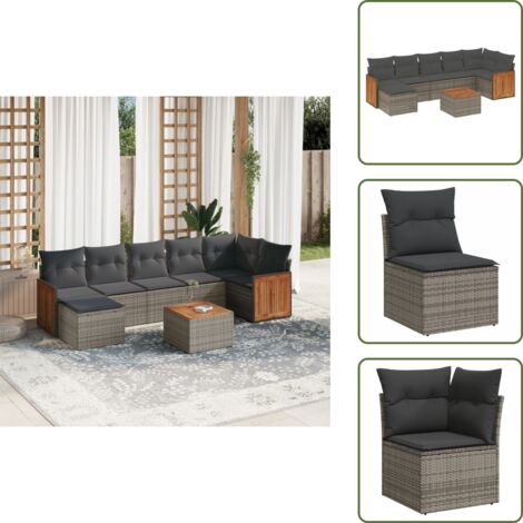 The Living Store Salon de jardin 8 pcs avec coussins gris résine tressée - Ensemble Salon De Jardin - Meuble Extérieur - Mobilier De Jardin - Chaise Lounge - Set De Salon