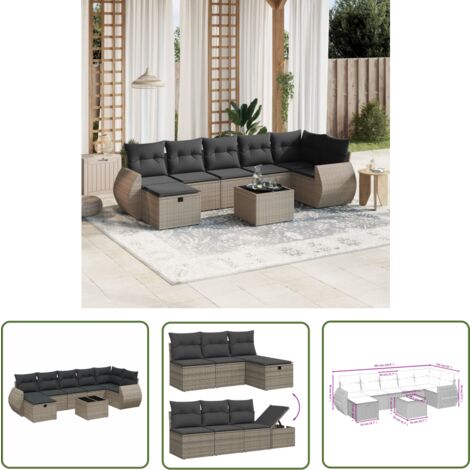 The Living Store Salon de jardin 8 pcs avec coussins gris résine tressée - Ensemble Salon De Jardin - Mobilier De Jardin - Canapé D'extérieur - Set De Salon - Chaise Longue