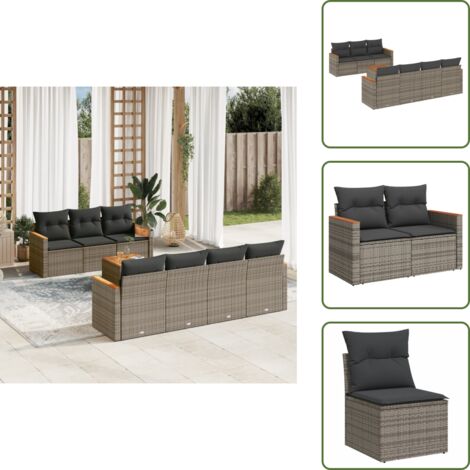 The Living Store Salon de jardin 8 pcs avec coussins gris résine tressée - Ensemble Salon De Jardin - Mobilier De Jardin - Canapé Extérieur - Table De Jardin - Chaise Lounge