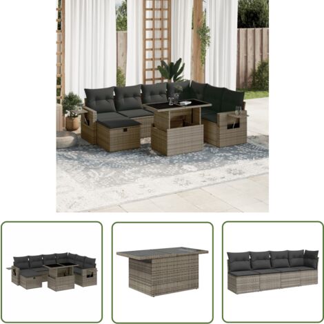 The Living Store Salon de jardin 8 pcs avec coussins gris résine tressée - Ensemble Salon De Jardin - Mobilier De Jardin - Table De Jardin Extensible - Chaise Lounge - Fauteuil Extérieur