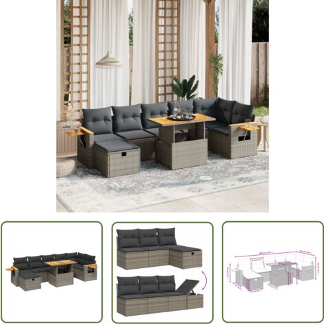 The Living Store Salon de jardin 8 pcs avec coussins gris résine tressée - Ensemble Salon De Jardin - Mobilier Extérieur - Salon De Jardin Design - Set De Jardin - Chaise Lounge