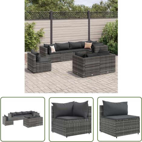 The Living Store Salon de jardin 8 pcs avec coussins Gris Résine tressée - Ensemble Salon De Jardin - Salon Extérieur - Meuble De Jardin - Canapé D'angle - Canapé Extérieur