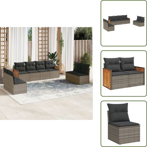 The Living Store Salon de jardin 8 pcs avec coussins gris résine tressée - Salon De Jardin - Meuble De Jardin - Ensemble Salon De Jardin - Mobilier Extérieur - Set De Salon De Jardin