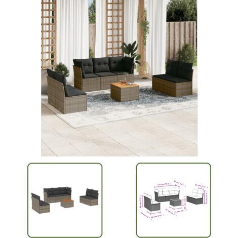The Living Store Salon de jardin 8 pcs avec coussins gris résine tressée - Salon De Jardin - Meuble De Jardin - Mobilier De Jardin - Salon Extérieur - Set De Jardin