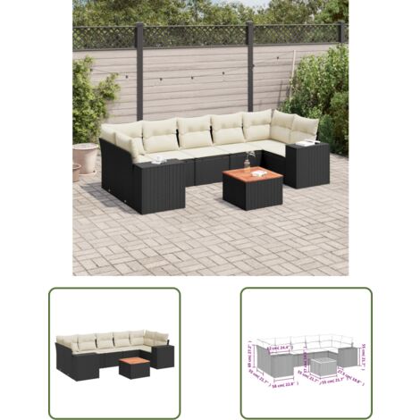 The Living Store Salon de jardin 8 pcs avec coussins noir résine tressée - Ensemble Salon De Jardin - Meuble De Jardin - Jardin Extérieur - Mobilier De Jardin - Chaise Lounge