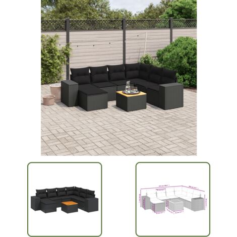 The Living Store Salon de jardin 8 pcs avec coussins noir résine tressée - Ensemble Salon De Jardin - Meuble Extérieur - Jardin - Mobilier De Jardin - Chaise Lounge