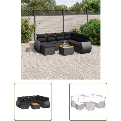 The Living Store Salon de jardin 8 pcs avec coussins noir résine tressée - Ensemble Salon De Jardin - Meuble Extérieur - Résine Tressée - Rotin Synthétique - Fauteuil Jardin
