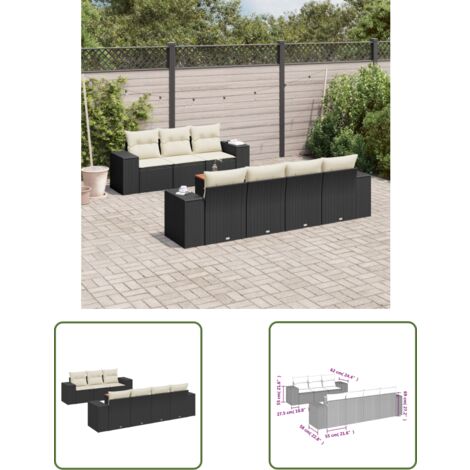 The Living Store Salon de jardin 8 pcs avec coussins noir résine tressée - Ensemble Salon De Jardin - Meuble Extérieur - Résine Tressée - Rotin Synthétique - Fauteuil Jardin